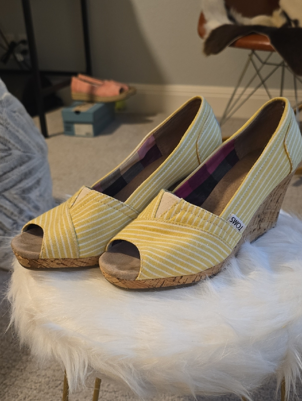 Toms Yellow Striped Peep-Toe Wedge Espadrilles